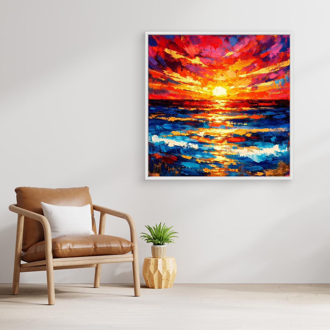 Leinwandbild Sonnenuntergang am Meer, abstrakt, leuchtend, heller Holzrahmen