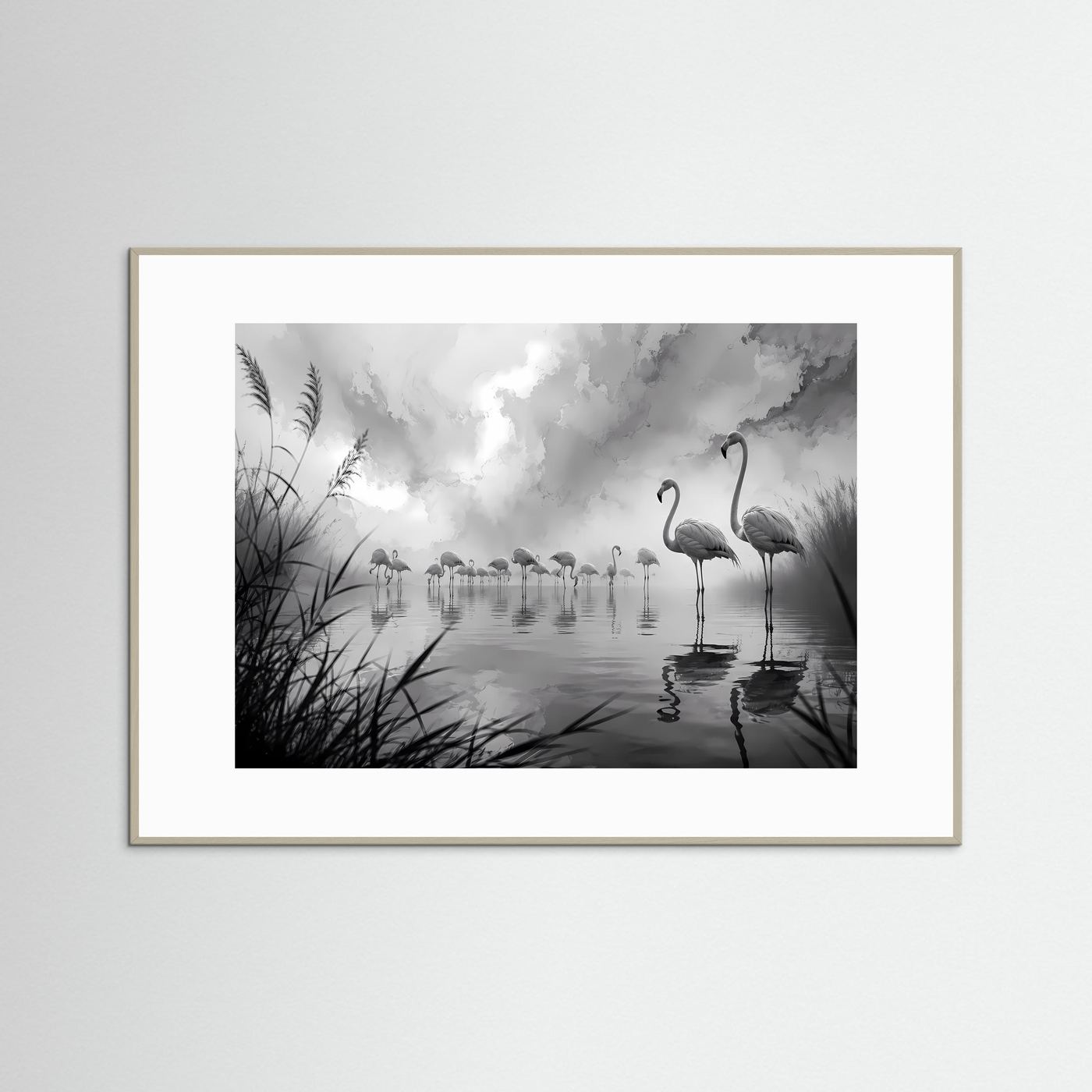 Flamingos im Nebel Schwarz-Weiß | Elegante Natur Wandkunst