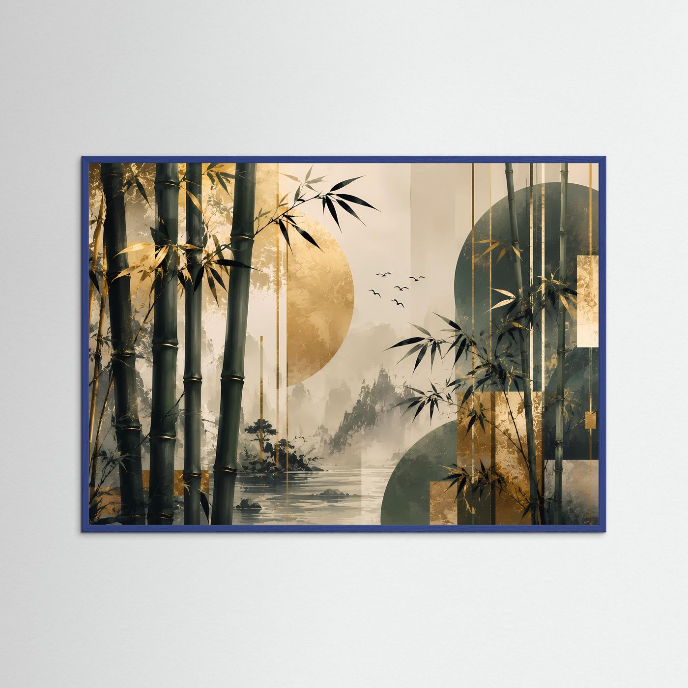 Poster im Querformat mit abstrakter Bambuslandschaft, in blauem Rahmen