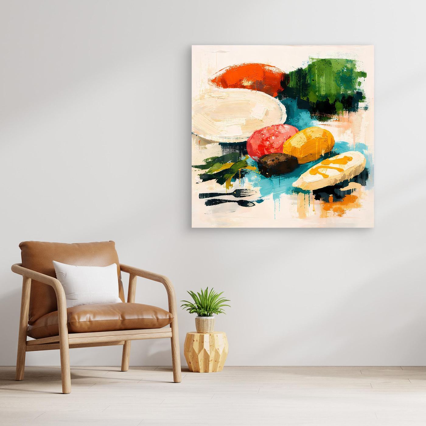 Abstraktes Wandbild mit farbigen Lebensmittel- und Dinner-Elementen, ohne Rahmen