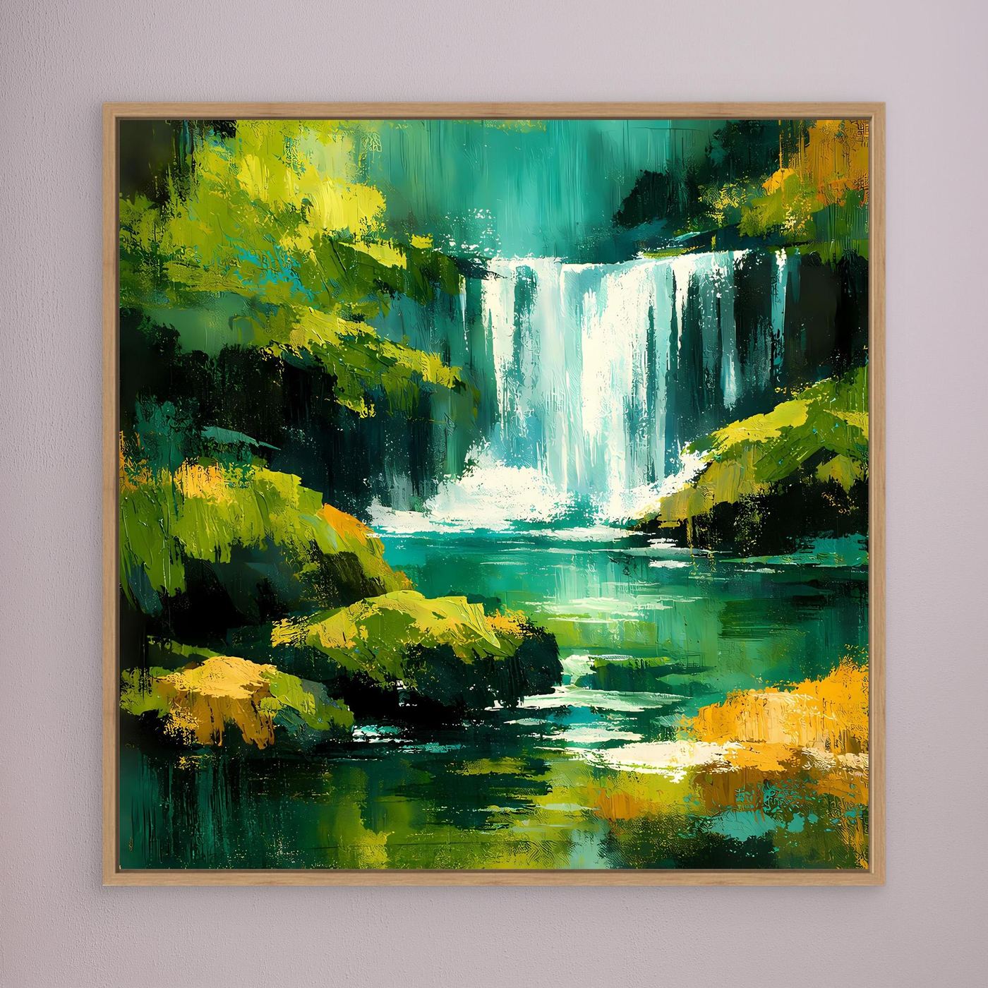 Abstraktes Leinwandbild mit Wasserfall und Dschungelgrün, goldbraun gerahmt