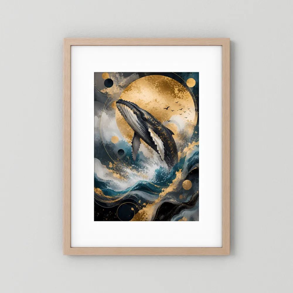Buckelwal-Kunstposter im Hochformat mit hellem Holzrahmen, Mondscheibe und Wellen