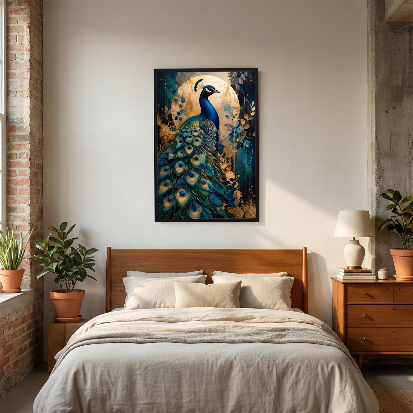 Hochformatiges Poster mit Pfau in Blau und Gold, schwarzer Rahmen