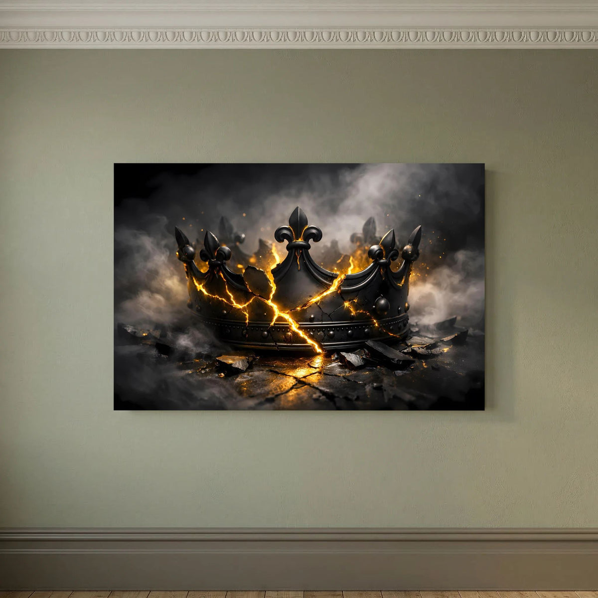 Wandbild mit schwarzer, zerbrochener Krone und goldenen Flammenlichtern, Querformat