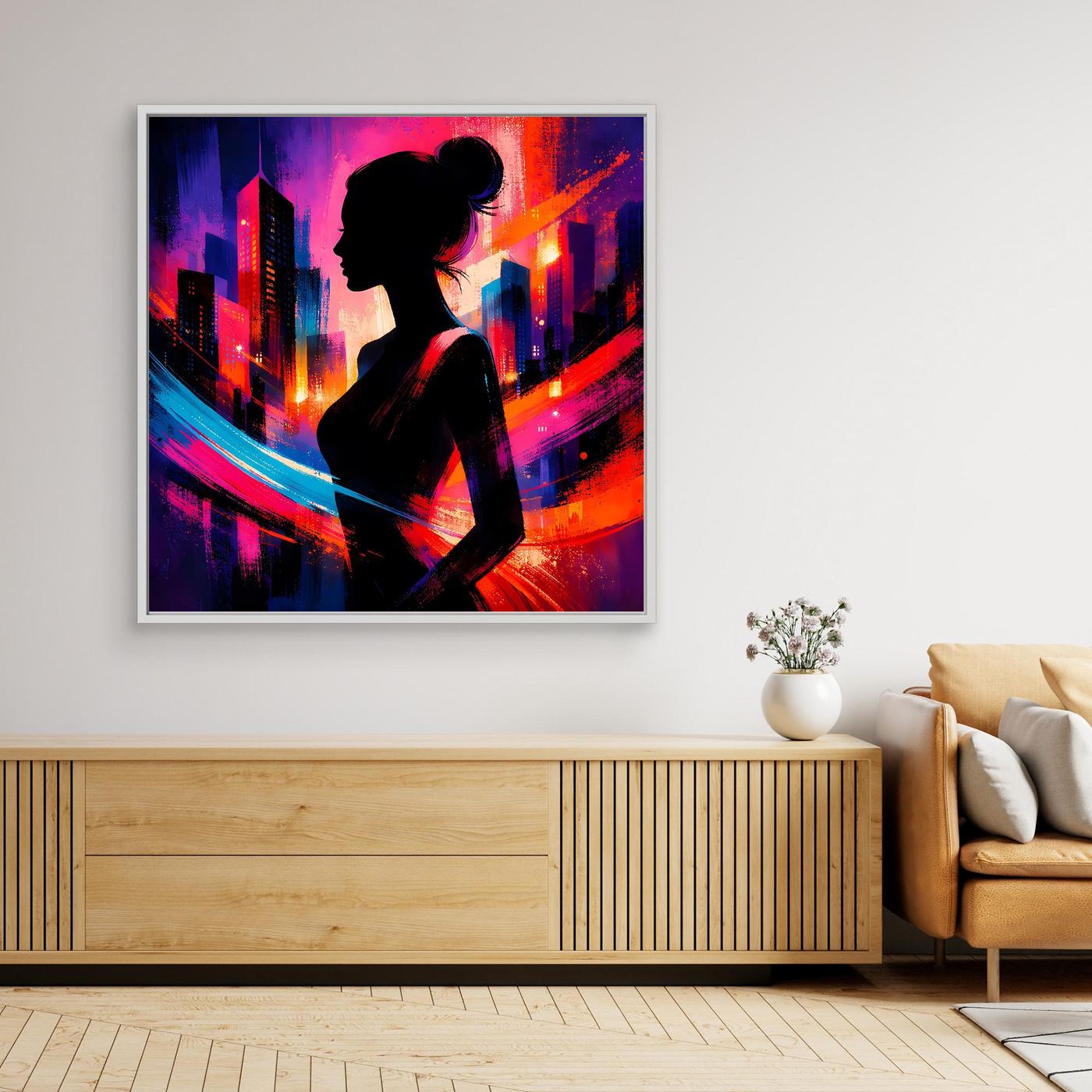 Neon-Leinwandbild mit Stadt-Skyline und Frauensilhouette, weißer Rahmen