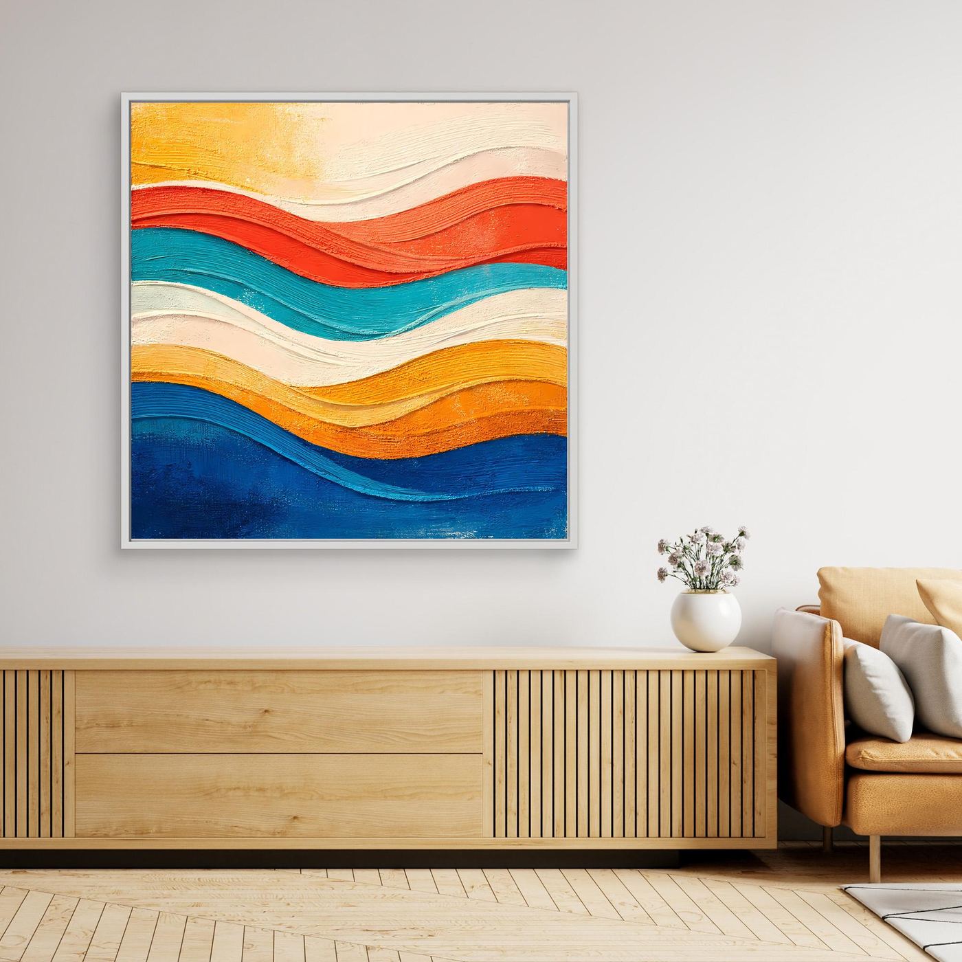 Abstraktes Leinwand-Wandbild mit wellenförmigen Farbbändern im Relief, mit weißem Rahmen