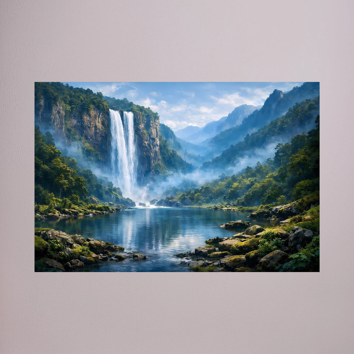 Querformat-Wandbild: Wasserfall im Bergwald, Wasserfläche und Berge in Blaugrün