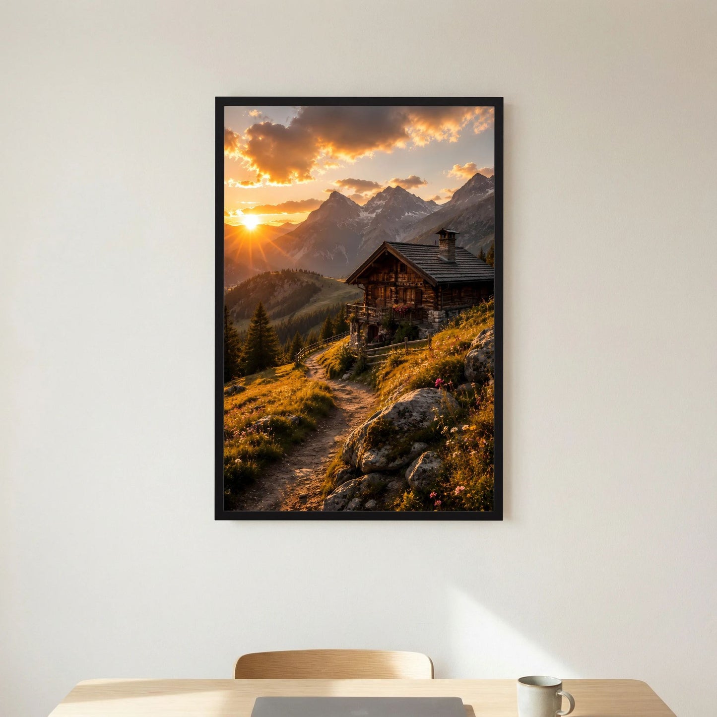 Hochformat-Poster mit schwarzem Rahmen: Berghütte im Tal bei Sonnenaufgang