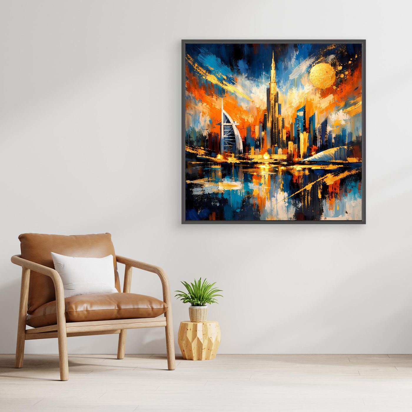 Abstraktes Skyline-Wandbild mit gelbem Lichtkreis und blau-orangen Farbstreifen, Holzrahmen