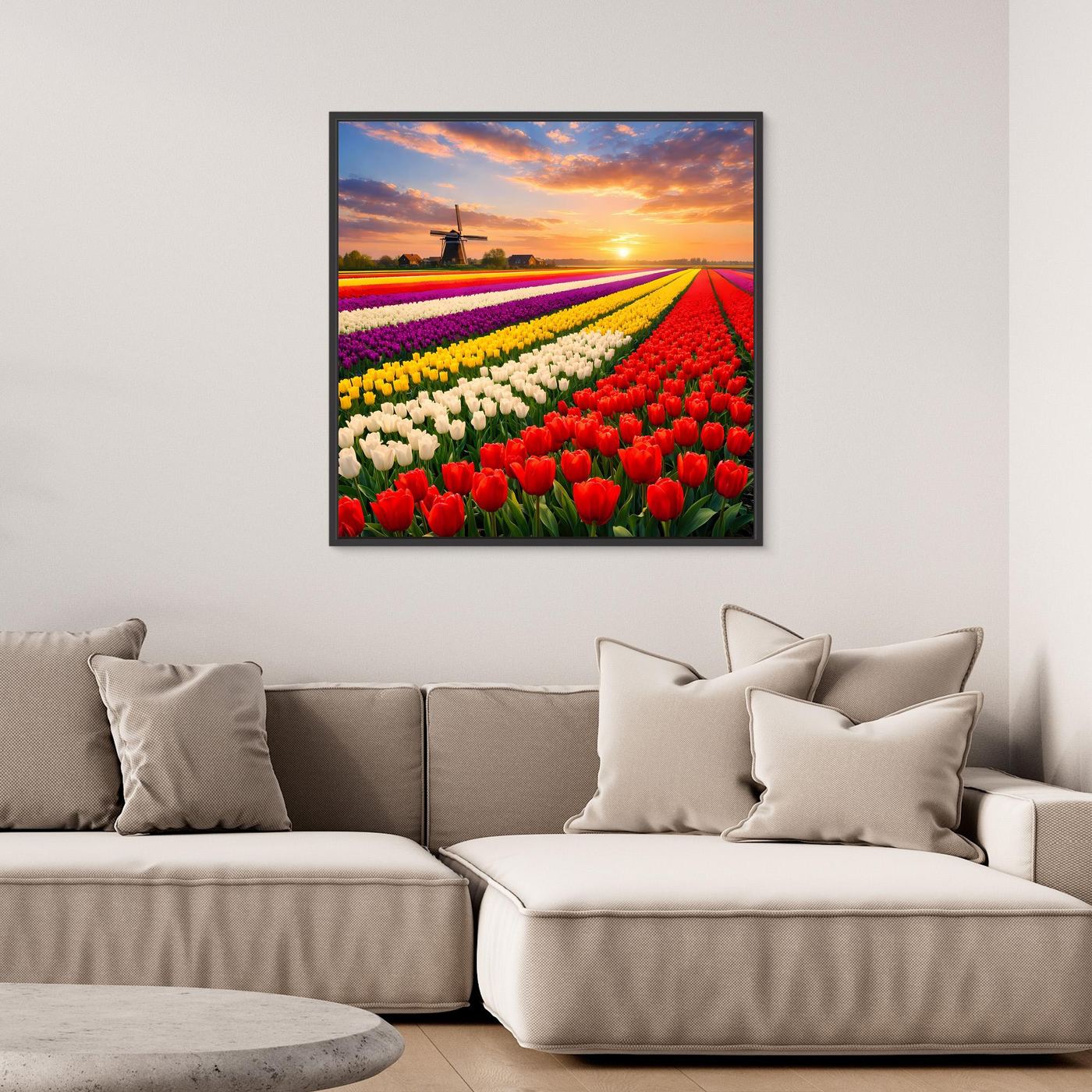Leinwandbild Tulpenfeld mit Sonnenuntergang, dunkler Rahmen, leuchtendes Rot und Lila