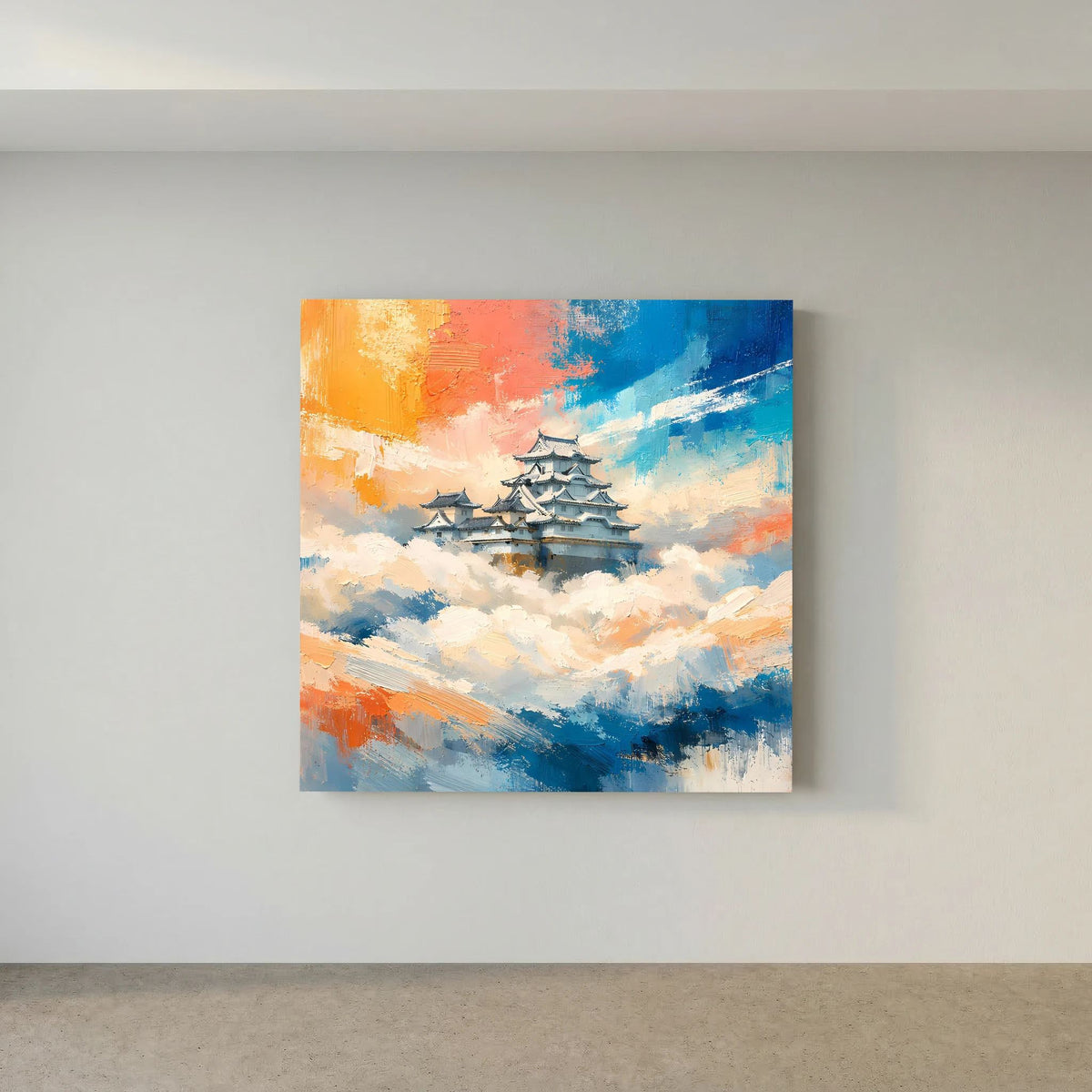 Quadratisches Leinwand-Wandbild mit japanischer Burg inmitten von Wolken