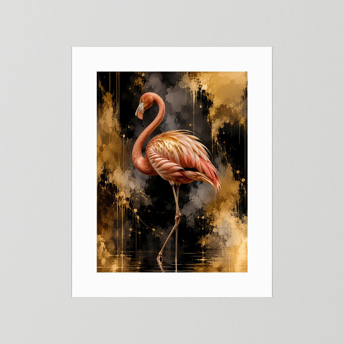 Flamingo-Poster mit weißer Einfassung, gold-schwarzer abstrakter Gestaltung