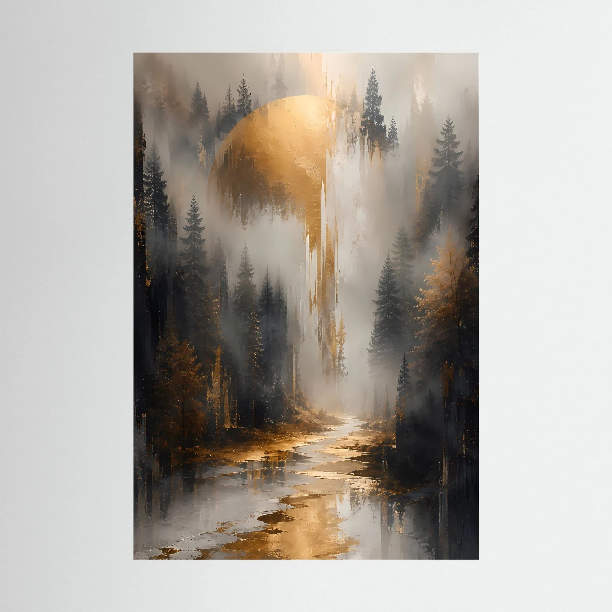 Poster im Hochformat mit mystischem Wald und Fluss, goldene Lichtwolken über den Bäumen