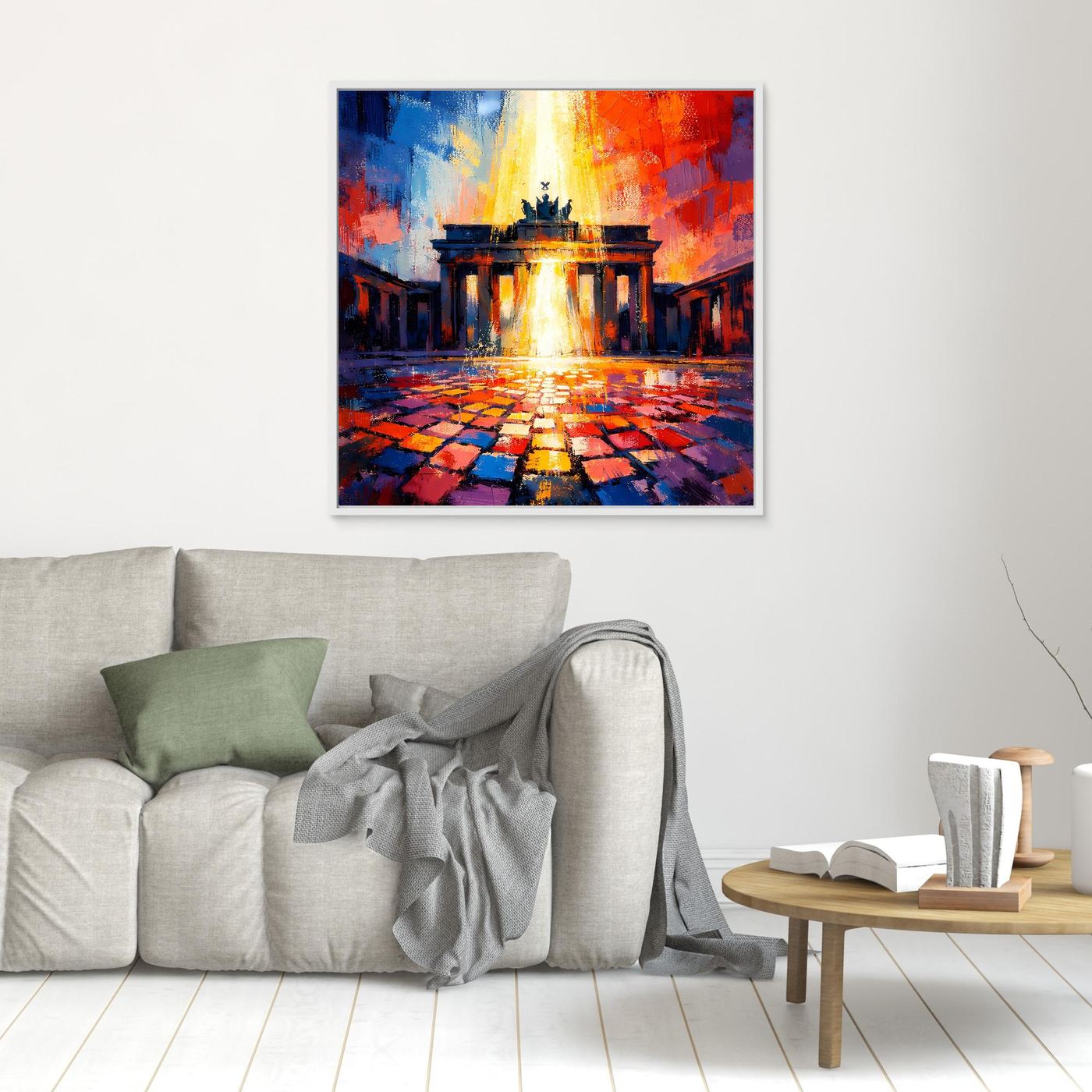 Wandbild mit abstraktem Brandenburger Tor, dunkler Rahmen, gelb-oranges Licht in Blau und Rot