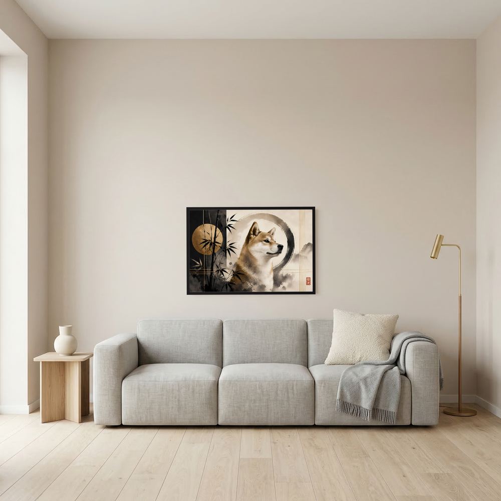 Kleines gerahmtes Poster mit Shiba Inu, Bambus und Zen-Motiv, dunkler Rahmen