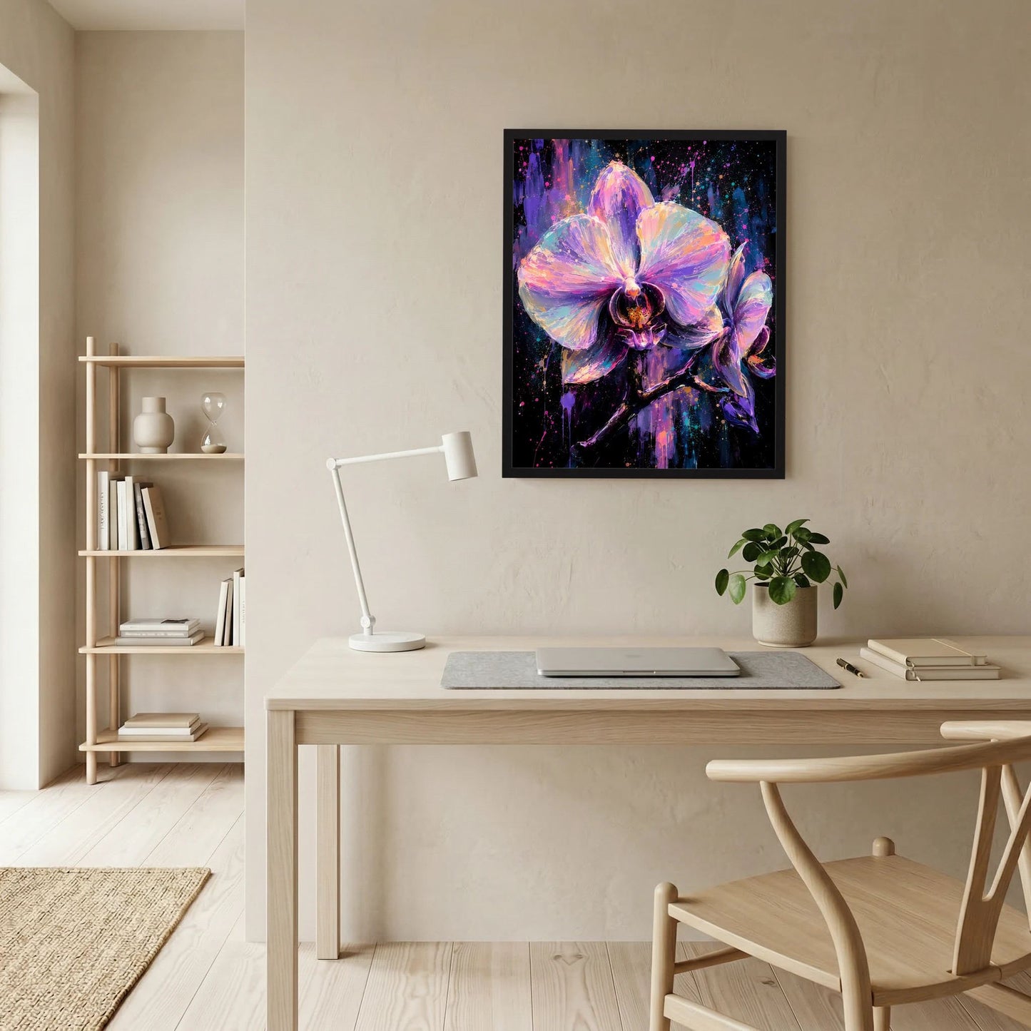Gerahmtes Kunstposter mit großer Orchideenblüte in Neon-Lila, leuchtender Mitte auf dunklem Grund