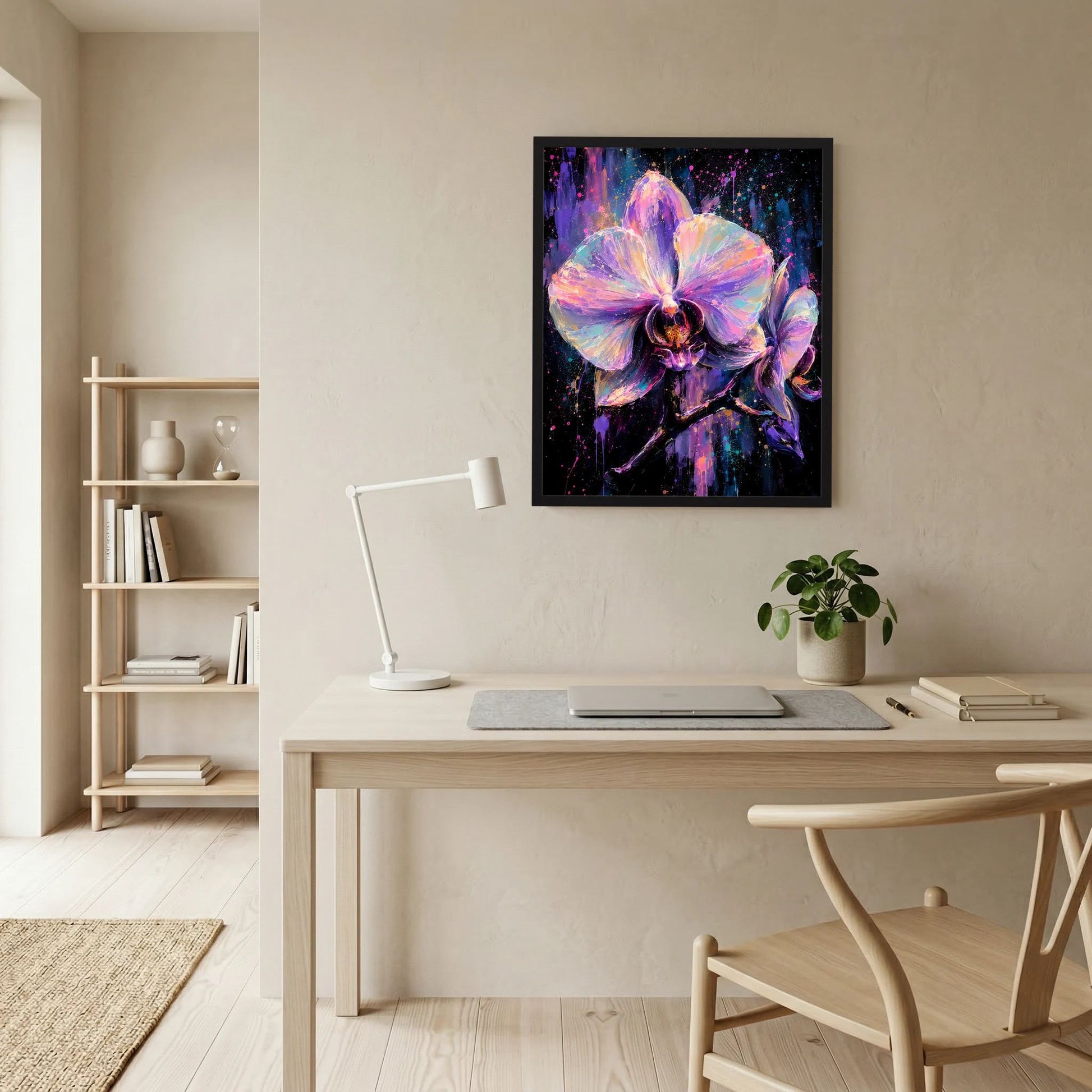 Gerahmtes Kunstposter mit großer Orchideenblüte in Neon-Lila, leuchtender Mitte auf dunklem Grund