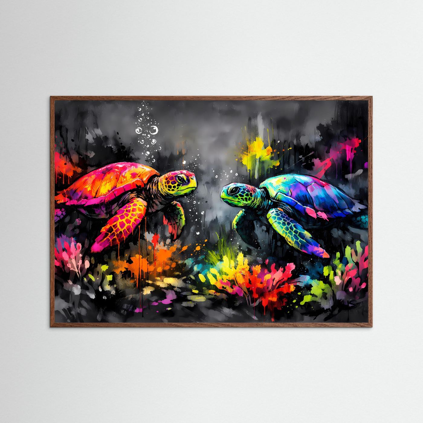 Neon-Tierposter mit zwei bunten Meeresschildkröten im Spritz-Style, Holzrahmen