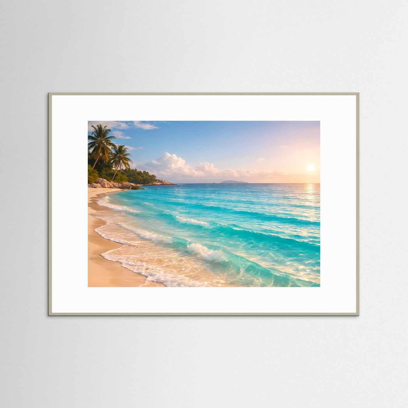 Wandbild mit Strand bei Sonnenaufgang im rechteckigen weißen Rahmen