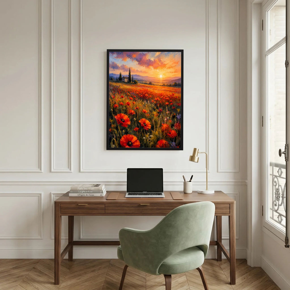 Poster mit Mohnblumenfeld, untergehender Sonne und markanter Kirche im Bildzentrum
