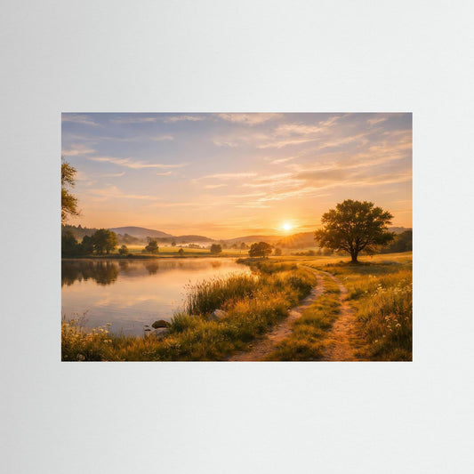 Natur-Poster mit Flusslauf und Sonnenaufgang, Querformat, ohne Rahmen