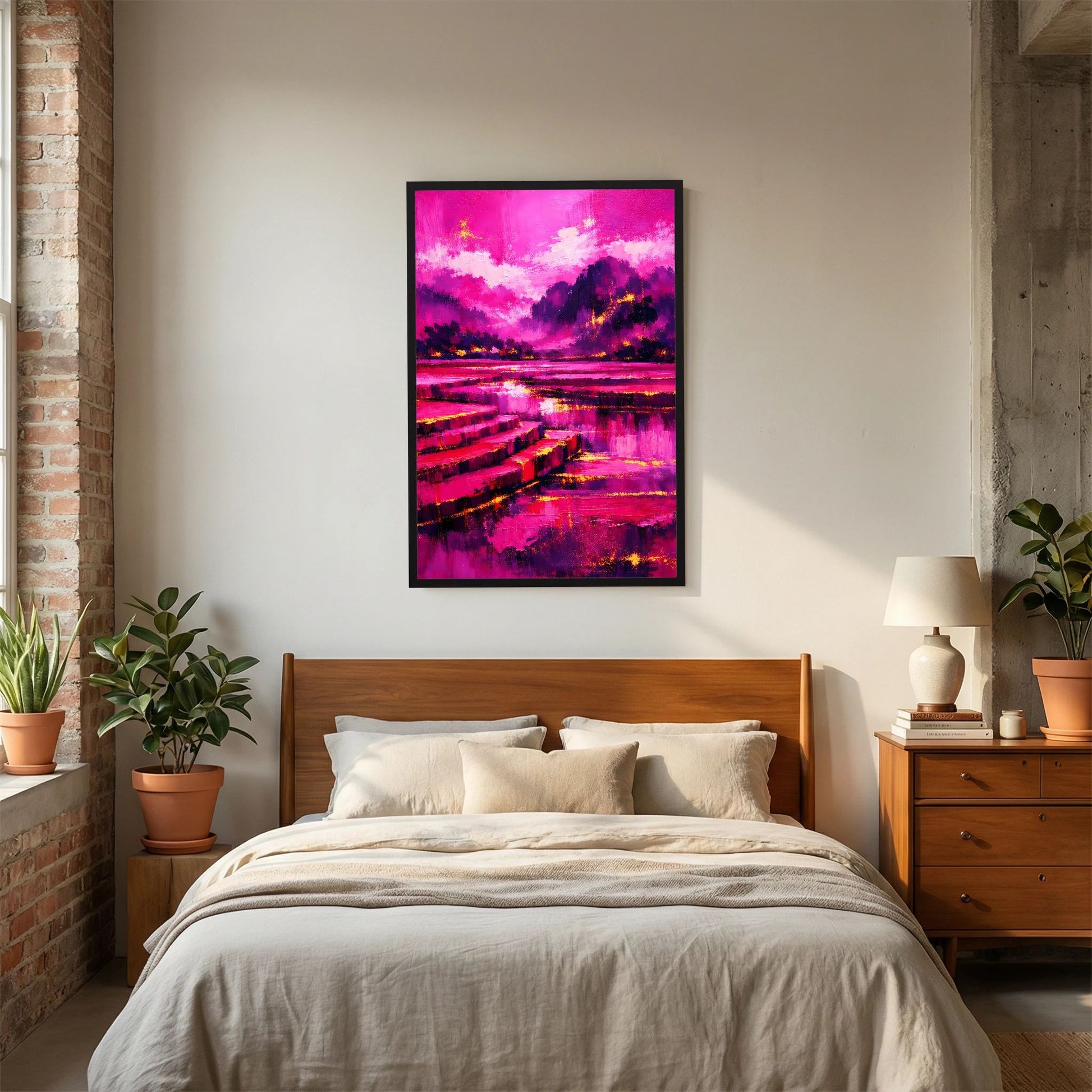 Hochformat-Poster mit abstrakter Pink-Magenta-Landschaft, Flusslauf und Baumkonturen im schwarzen Rahmen.