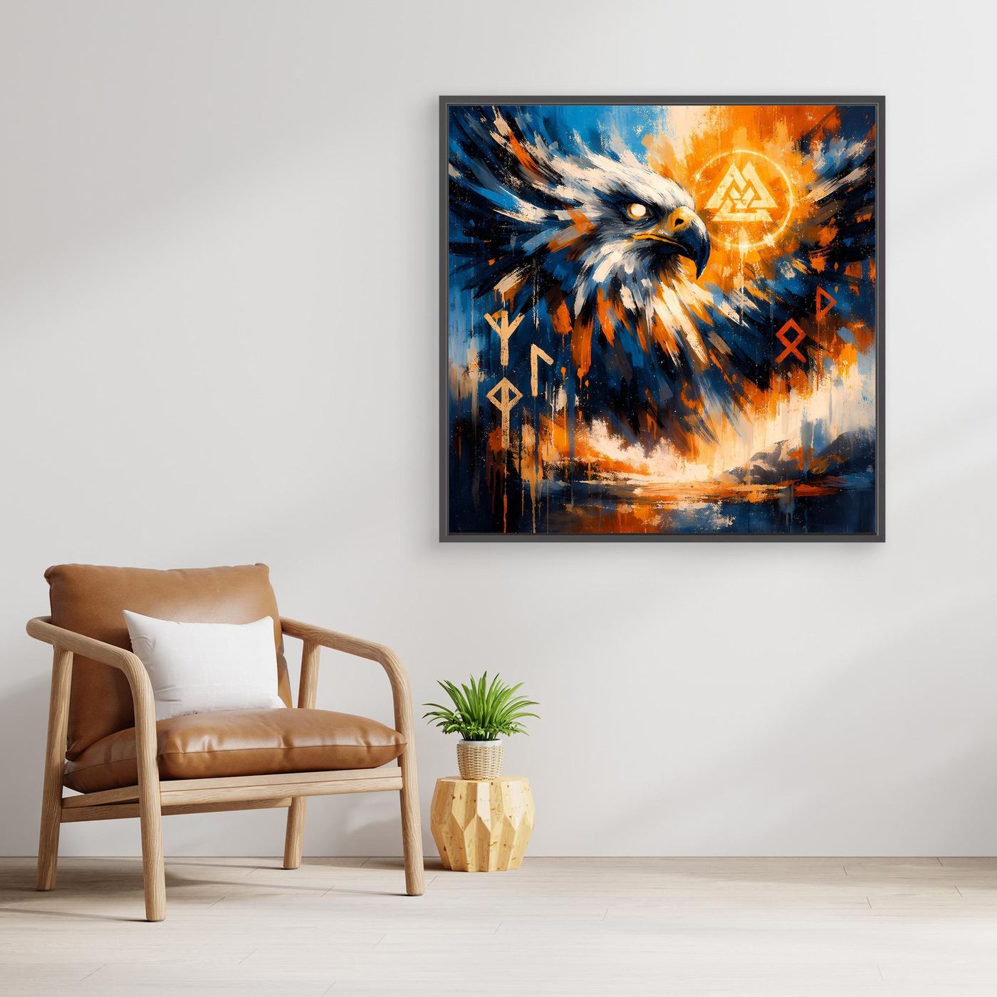 Gerahmtes Leinwandbild mit abstraktem Adler, blau-orangeer Hintergrund, Runensymbole, Holzrahmen.