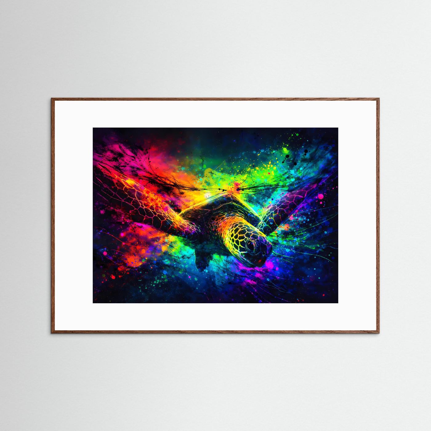 Neon-Schildkröten-Poster im Querformat, braun gerahmt mit farbigem Abstraktmotiv