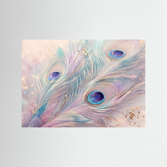 Wandposter mit Pfauenfeder-Motiv in Pastellfarben, querformatig, ohne Rahmen