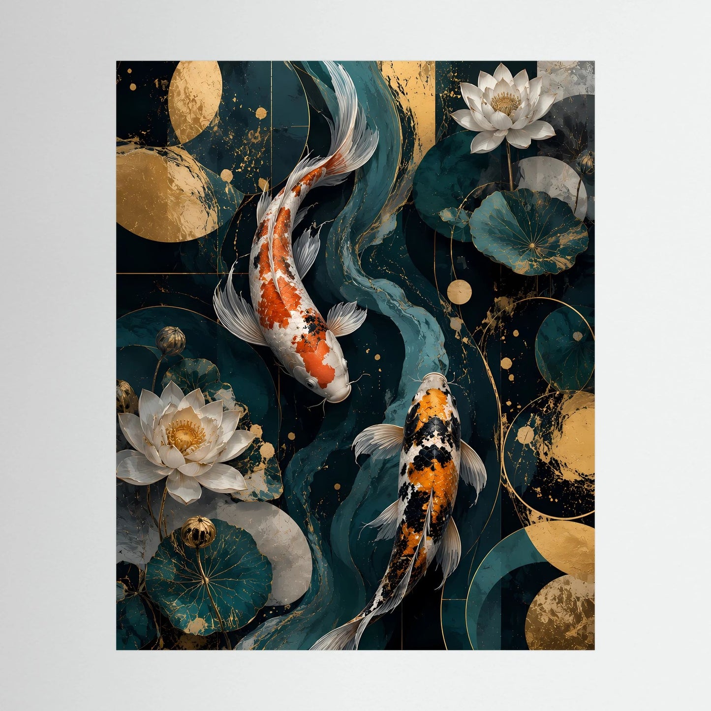 Poster im Hochformat mit Koi-Fischen und Lotusblüten in Petrol und Gold