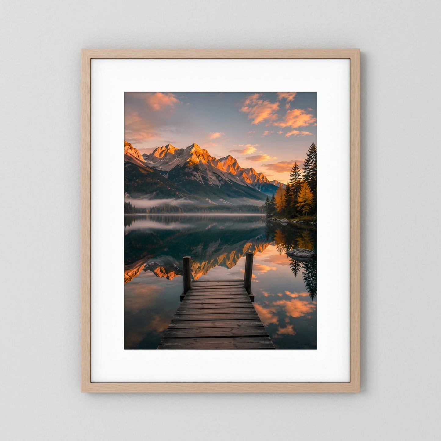 Hochformatiges Kunstposter mit hellem Holzrahmen und weißem Rand: Holzsteg im Abendlicht.