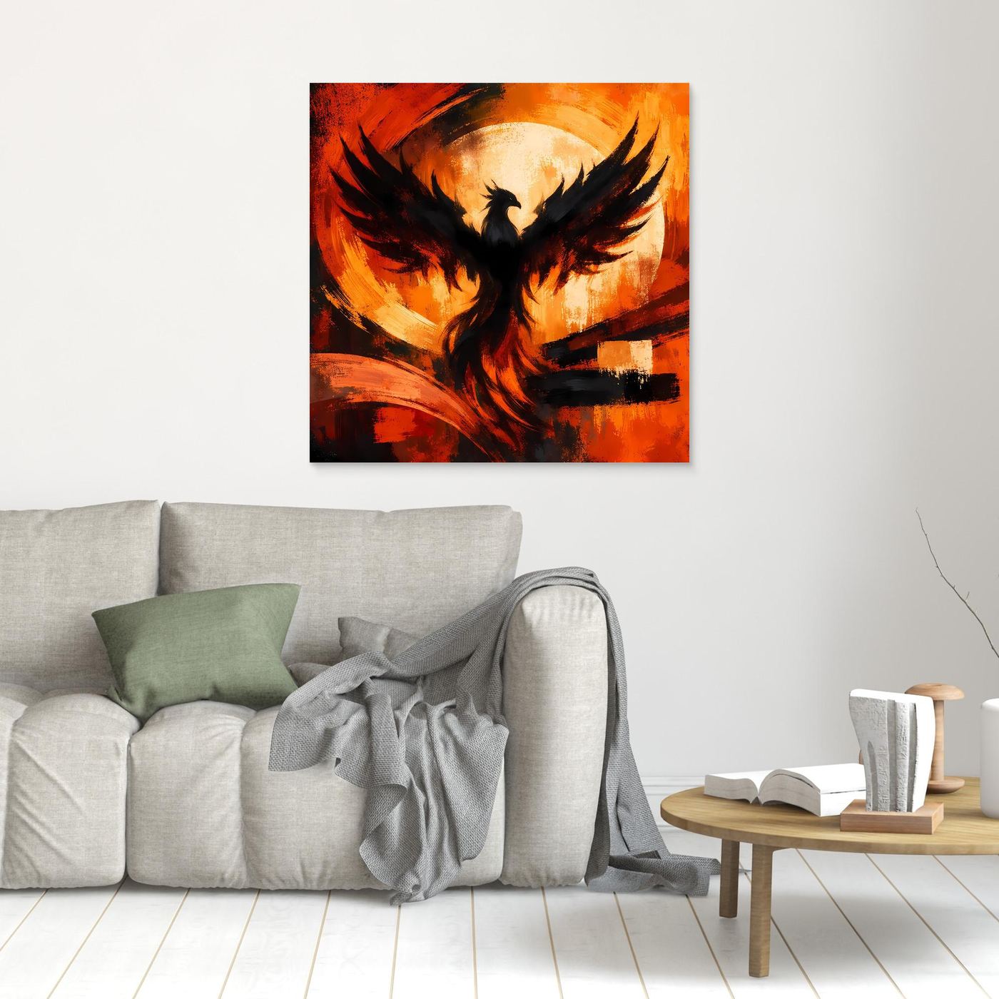 Quadratisches Leinwandbild mit Phönixmotiv, schwarze Flügel und orange-roter Farbverlauf