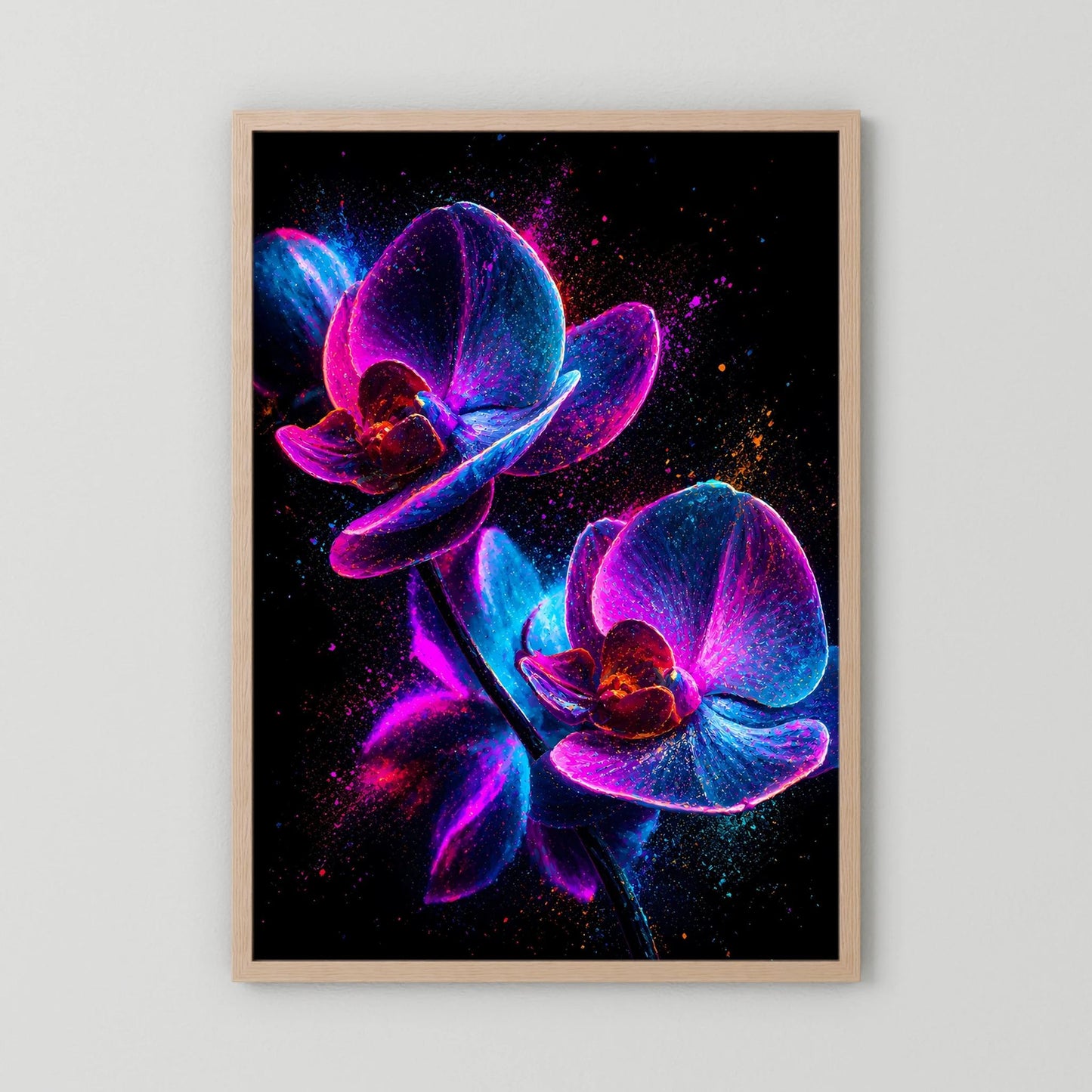 Leuchtendes Orchideenposter mit schwarzem Hintergrund, pink-blauem Lichtmotiv, im Holzrahmen