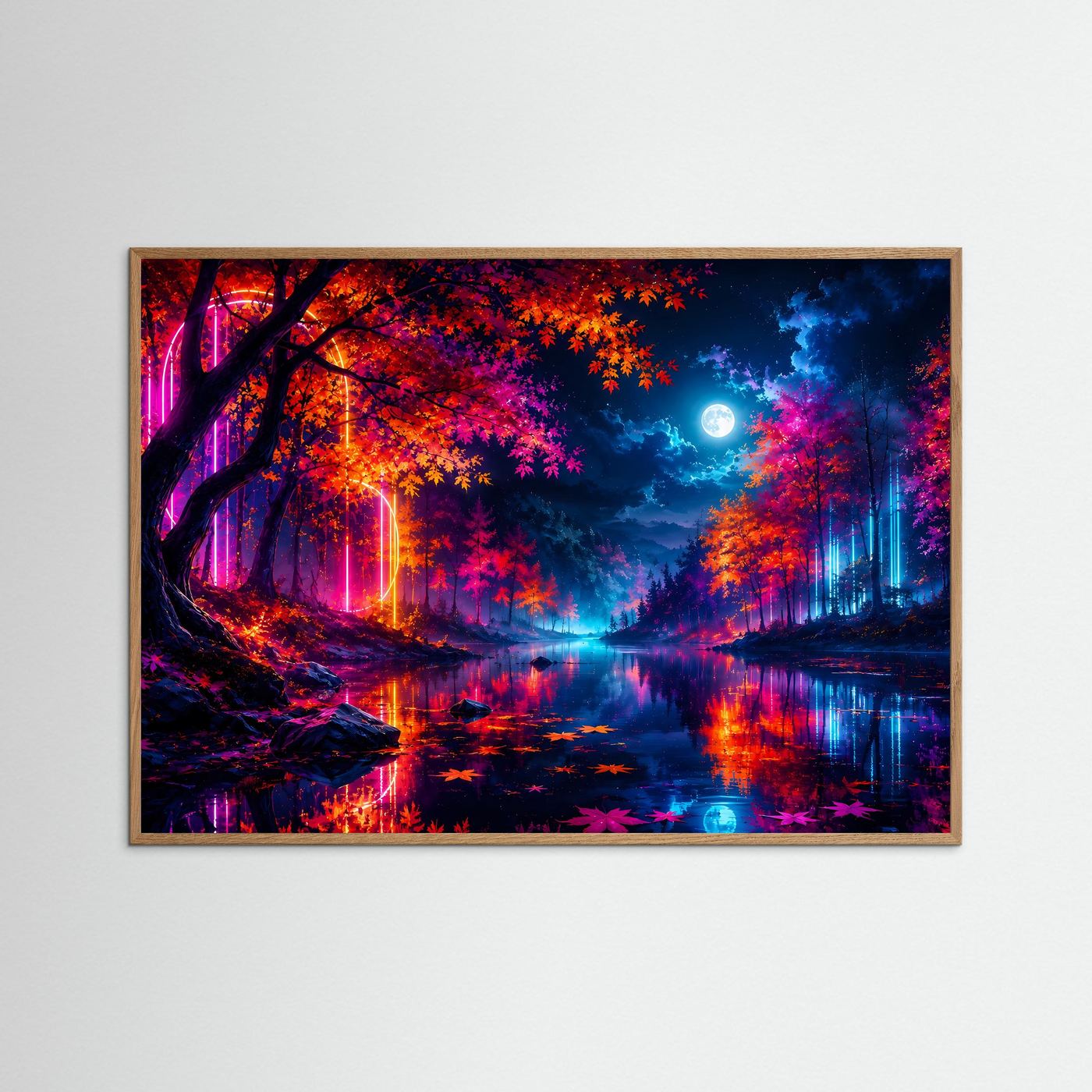Neon Wald Poster | Futuristische Herbst Landschaft | Cyberpunk Natur Wandbild | Leuchtender Mond | Moderne Fantasy Kunst