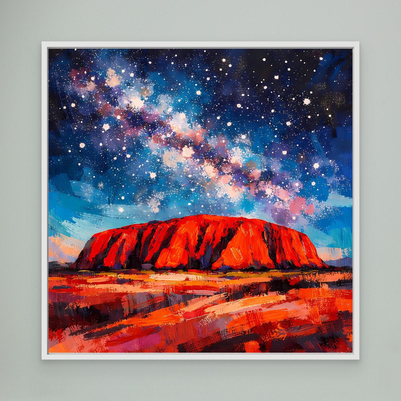 Wandbild mit Sternenhimmel und rotem Uluru, abstrakt, weiß gerahmt