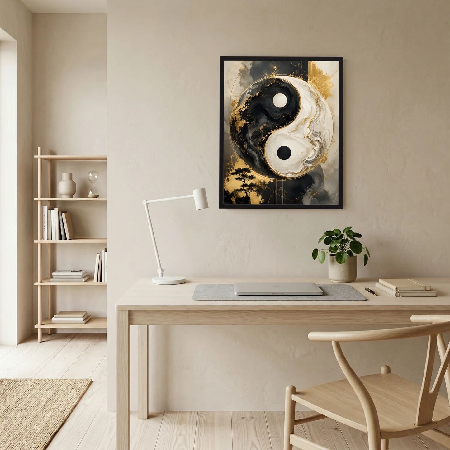Yin-Yang-Wandposter im schwarzen Rahmen, Schwarz-Weiß mit goldenen Sprenkeln und Wolken.