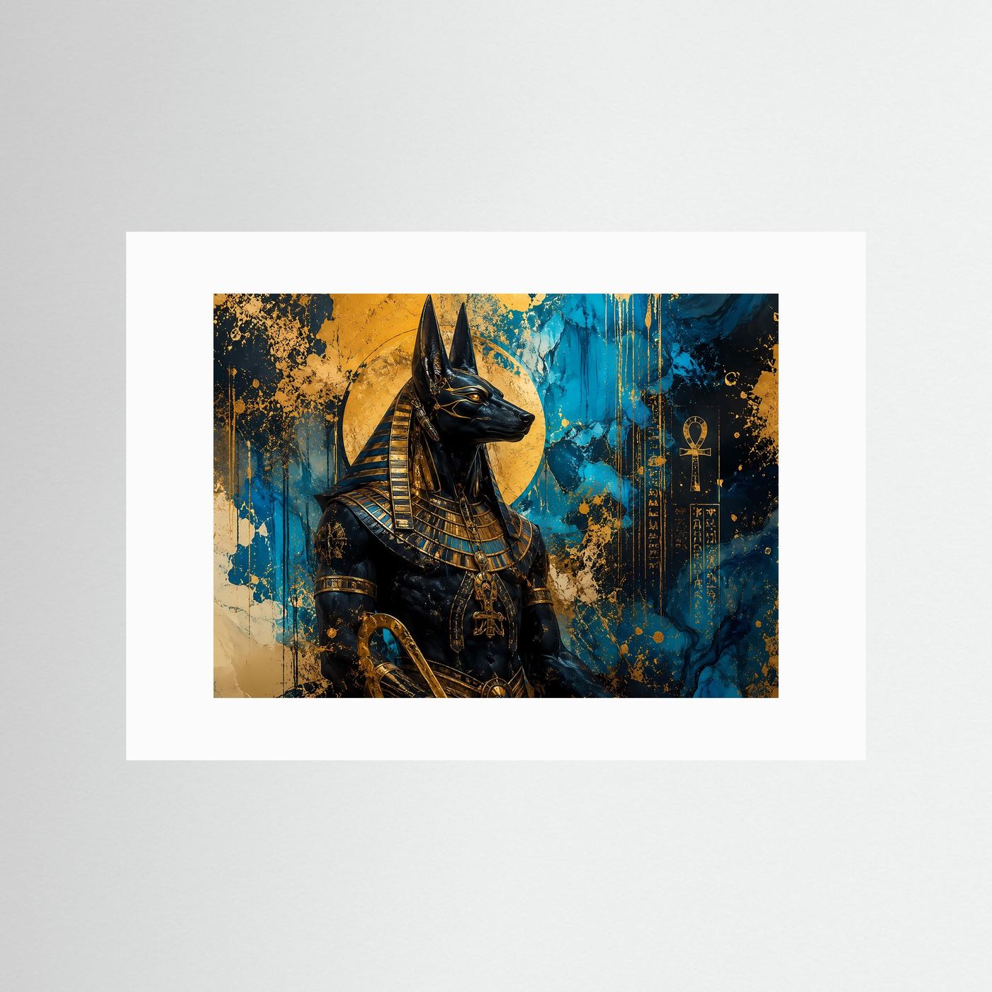 Ägyptischer Gott Anubis in Gold & Tiefblau | Modernes Mythologie Wandbild & Kunst-Poster
