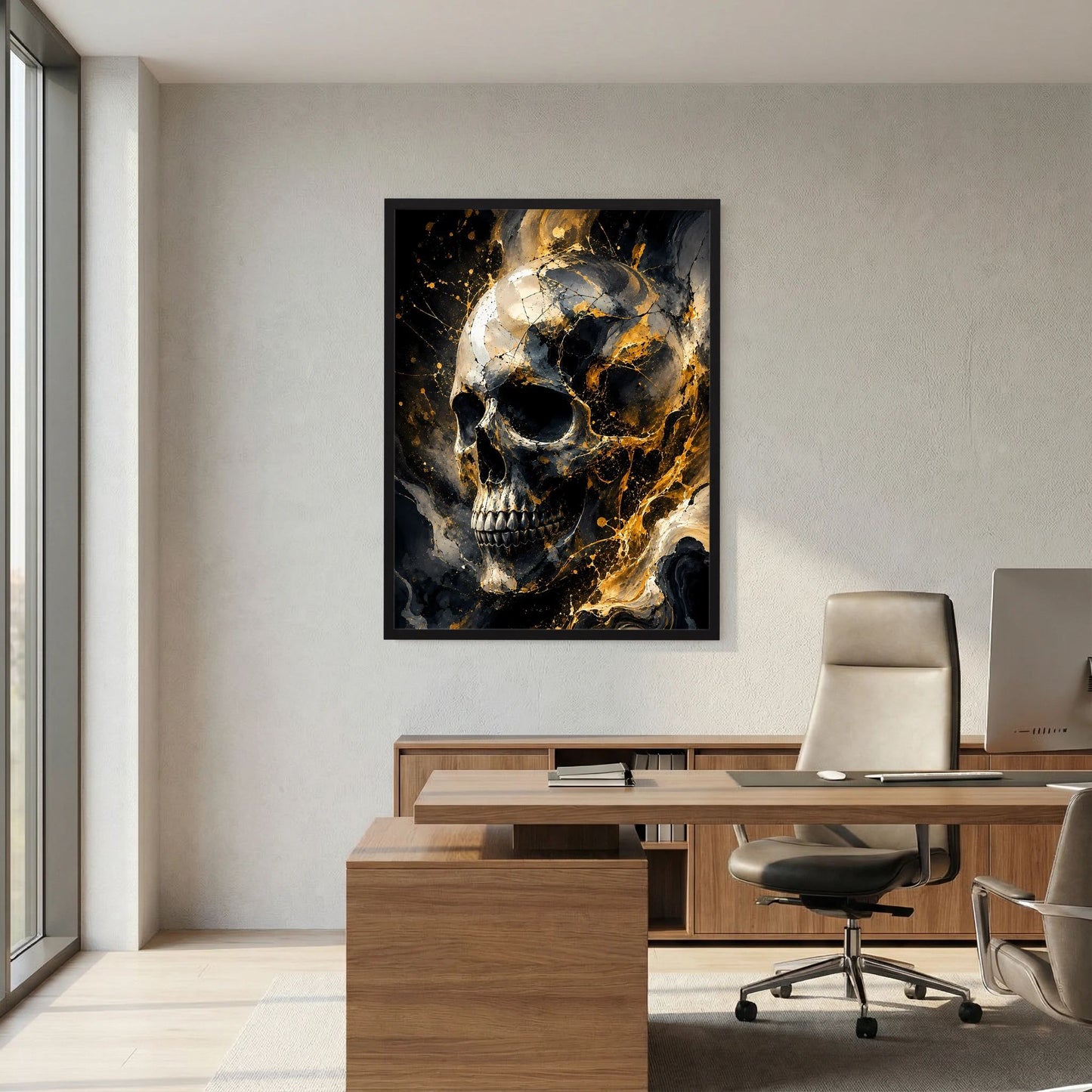 Hochformatposter mit Totenkopf in Schwarz und Gold, im schwarzen Rahmen