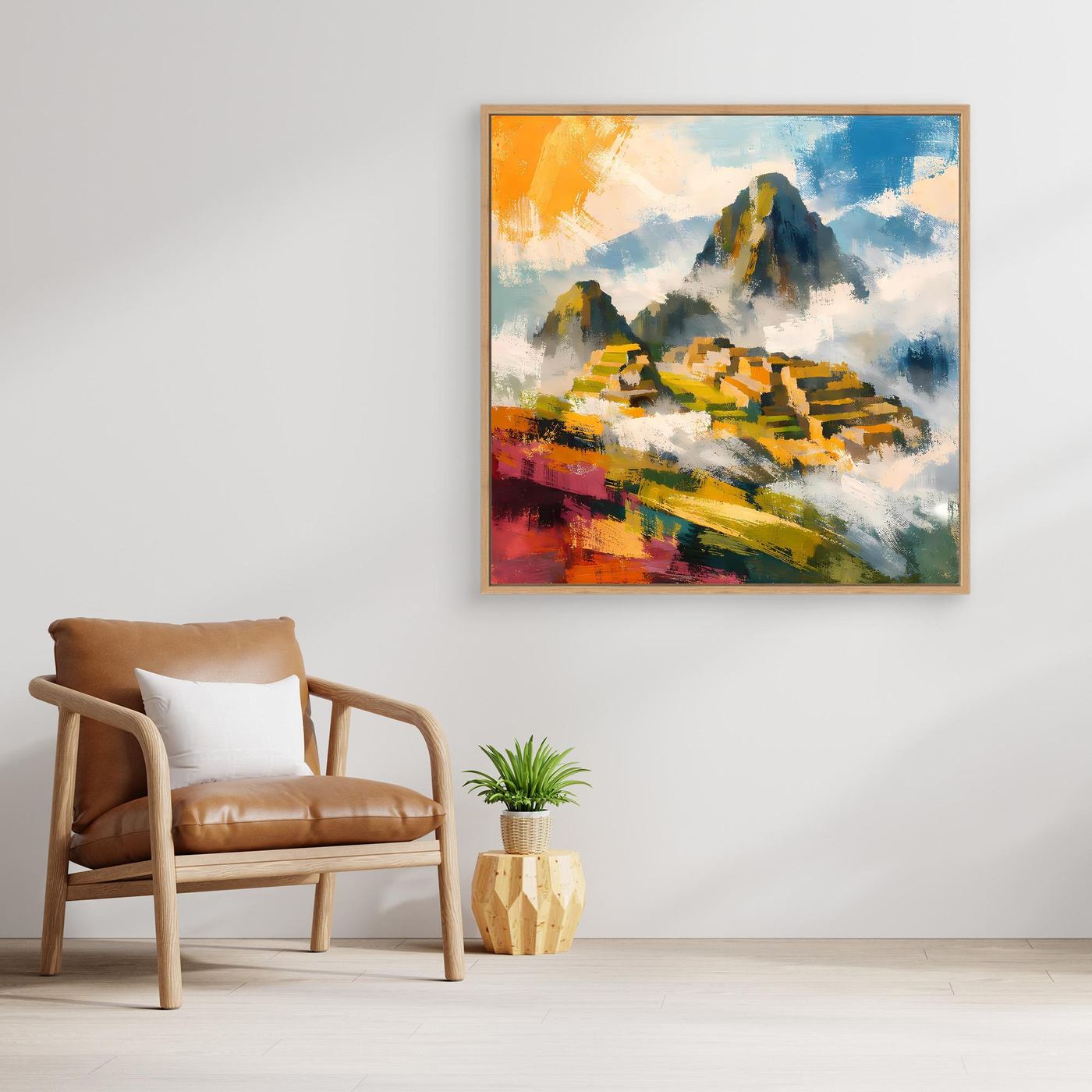 Quadratisches Leinwandwandbild mit abstrakter Inka-Berglandschaft, leuchtende Farben, mit beigem Holzrahmen