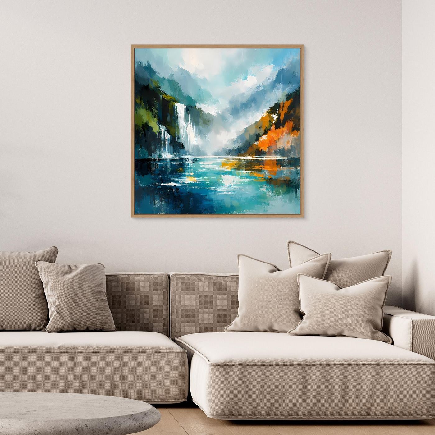 Abstraktes Leinwand-Wandbild Wasserfall im Fjord mit hellem Holzrahmen, blau-grün
