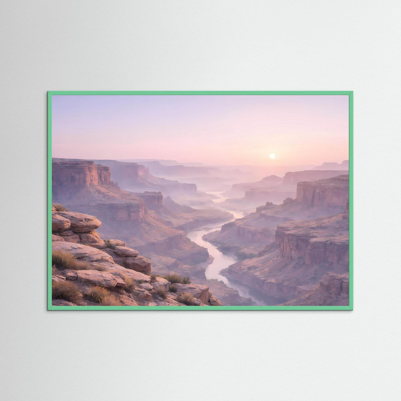 Canyon-Wandbild im Rahmen, Panoramaansicht mit Schlucht und untergehender Sonne
