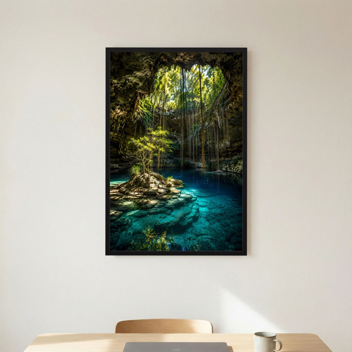 Hochformat-Poster mit schwarzem Rahmen und Motiv: türkisfarbenes Wasser in einer Höhle
