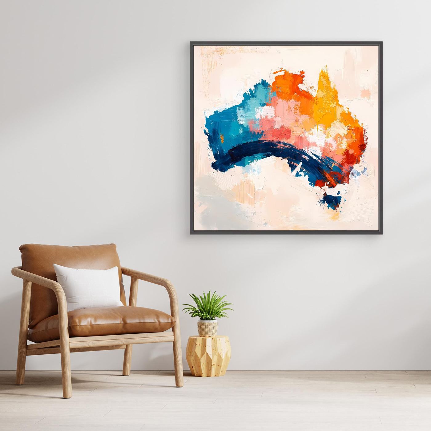Abstract Australia wall canvas with black frame and blue, orange, yellow brushstrokes