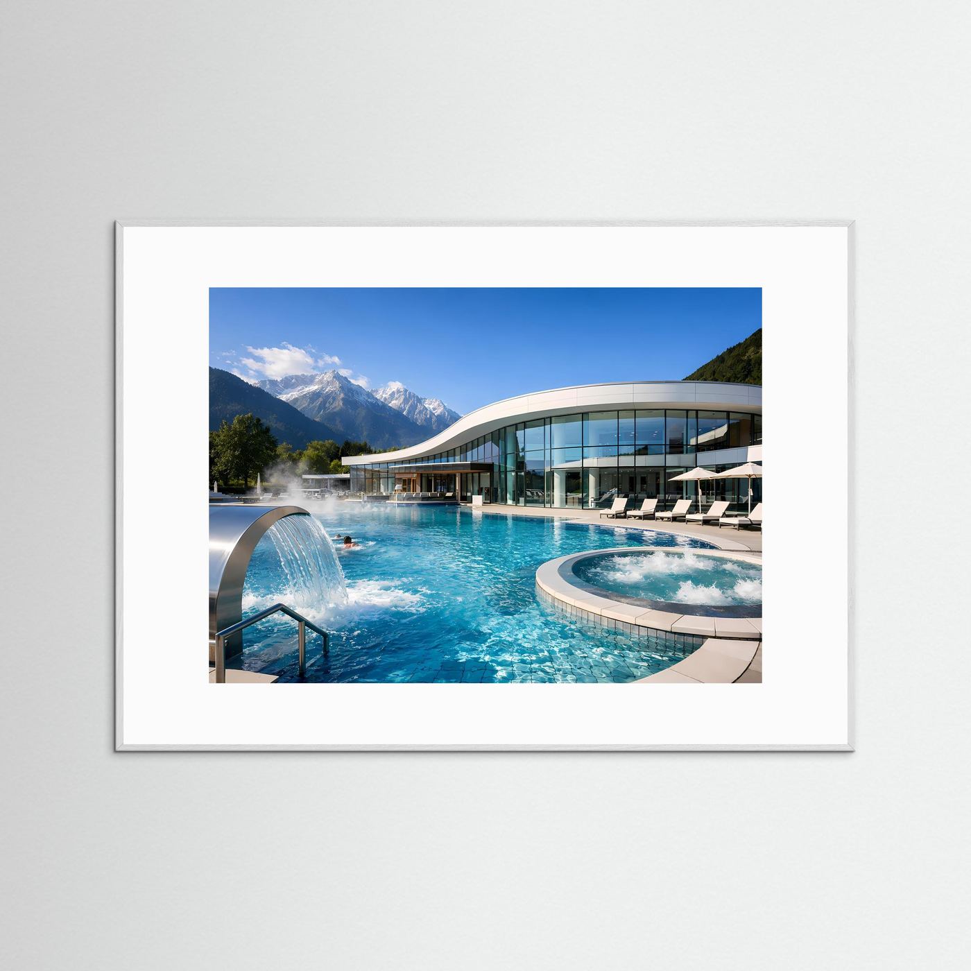 Poster im Querformat mit Pool und Glasfront, Blick auf Berge und Bäume