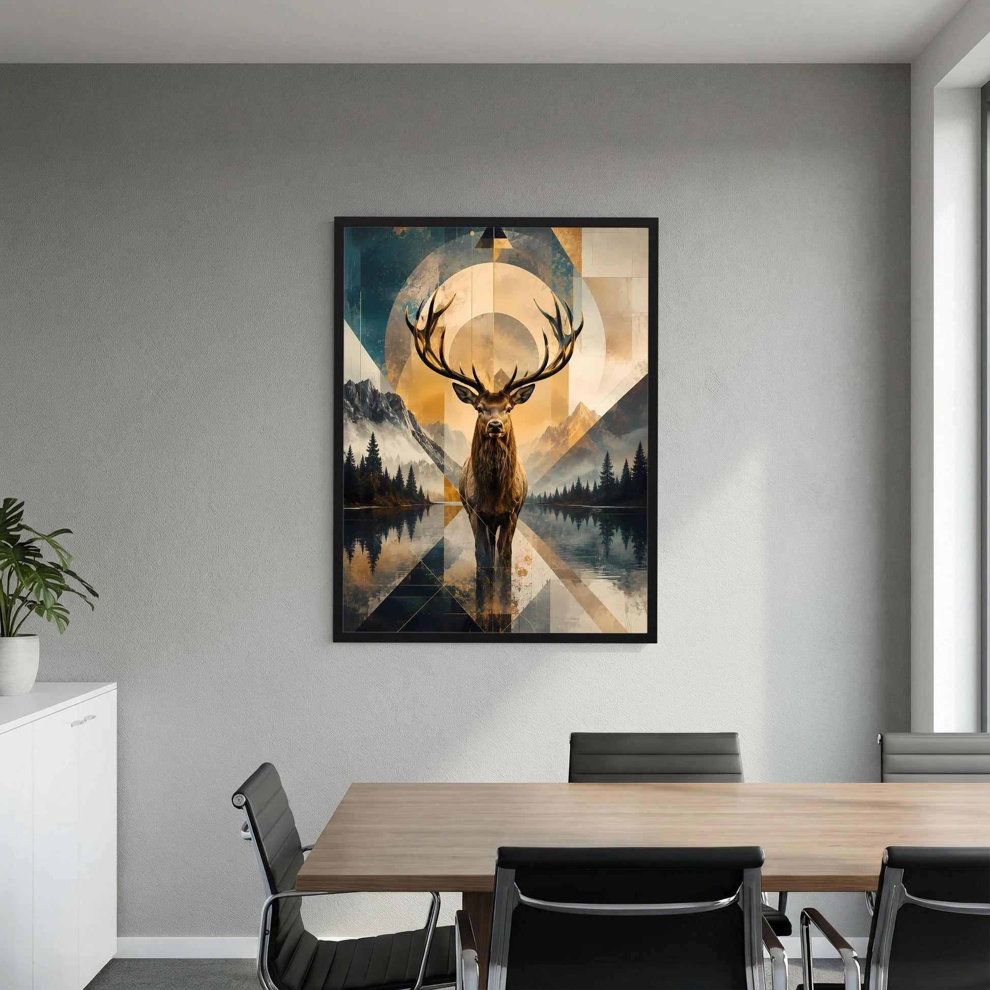 Hochformat-Poster mit Hirsch in Goldtönen und Berglandschaft, schwarzer Rahmen