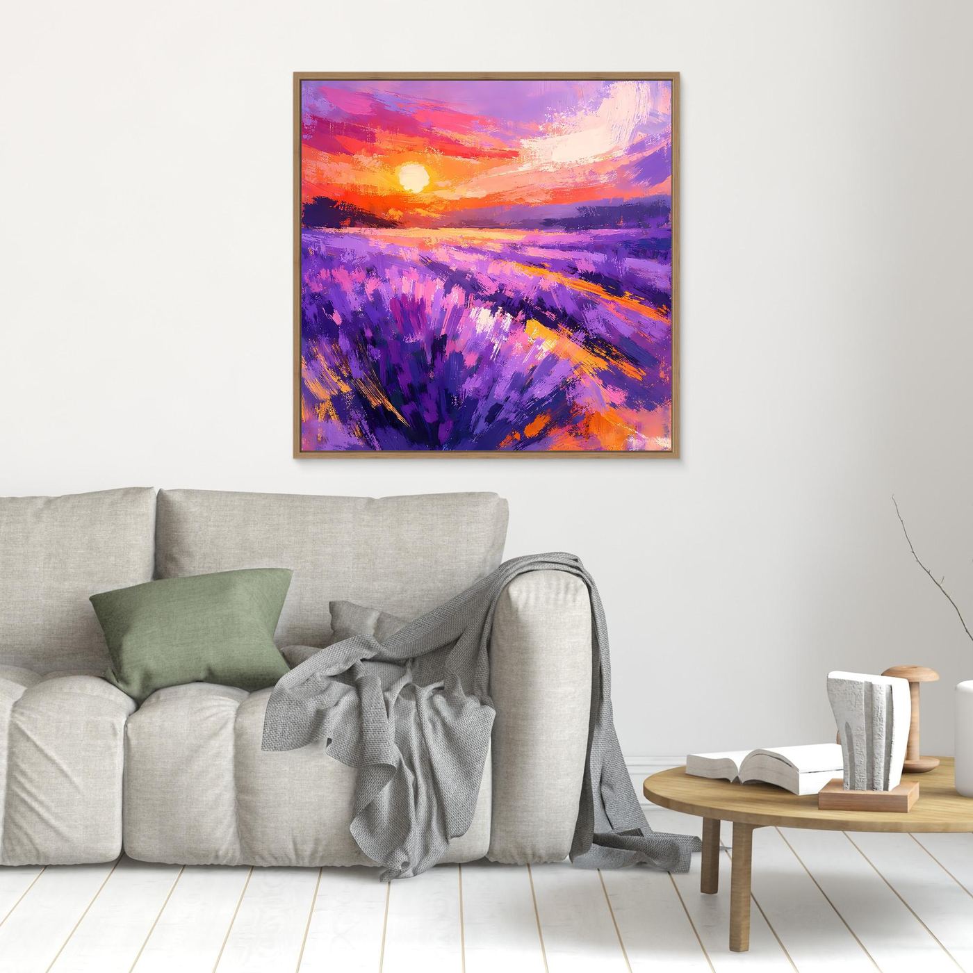 Lavender field wall art with purple blossoms and orange-pink sunset, small wood frame.