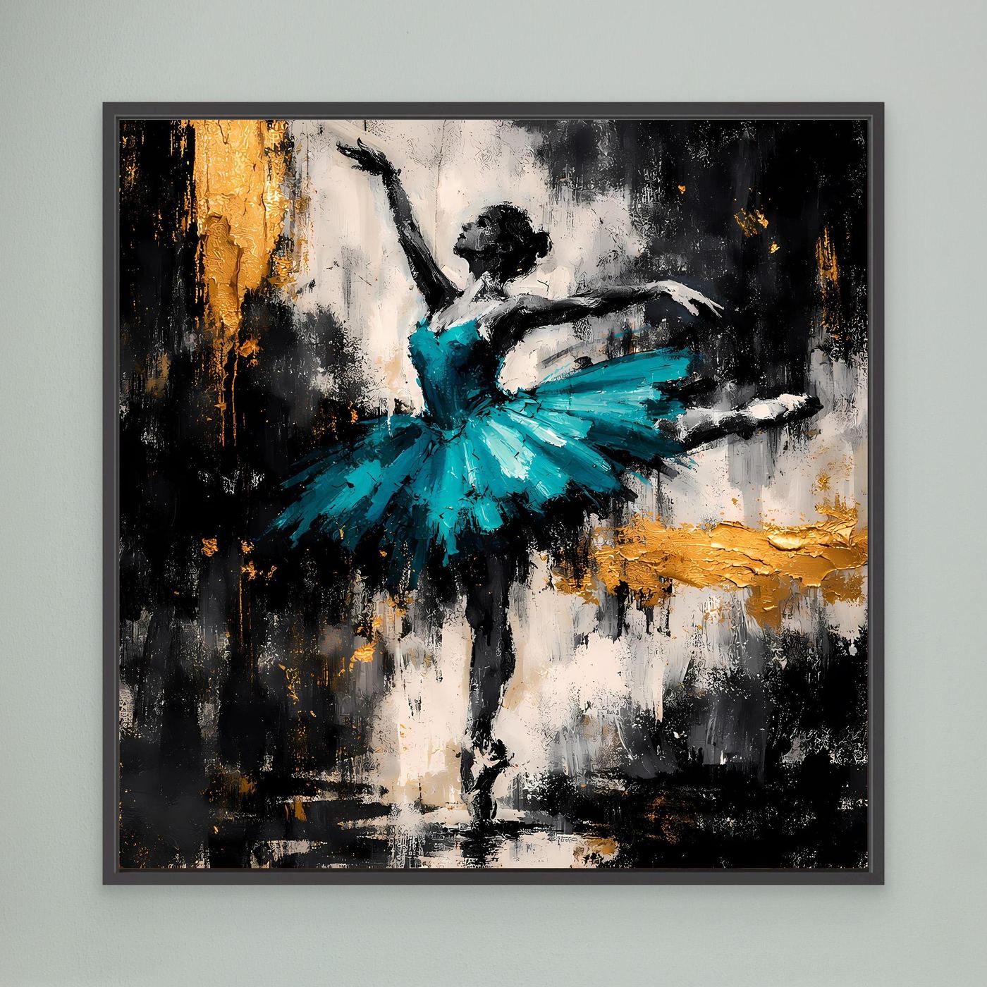 Leinwand Abstrakte Ballerina in Türkis und Gold | Modernes Ballett Wandbild mit Tanz-Motiv