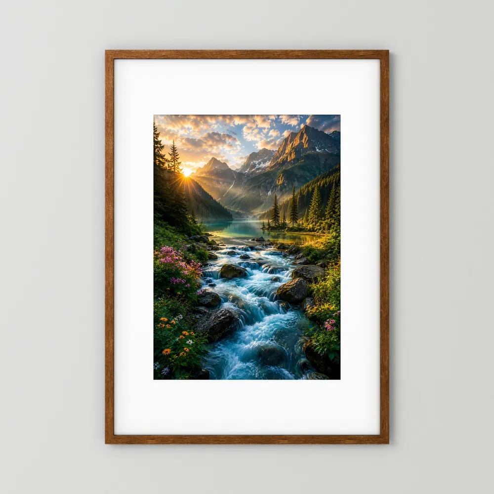 Poster im Hochformat mit Holzrahmen: Bergsee, Fluss und Sonnenuntergangslicht
