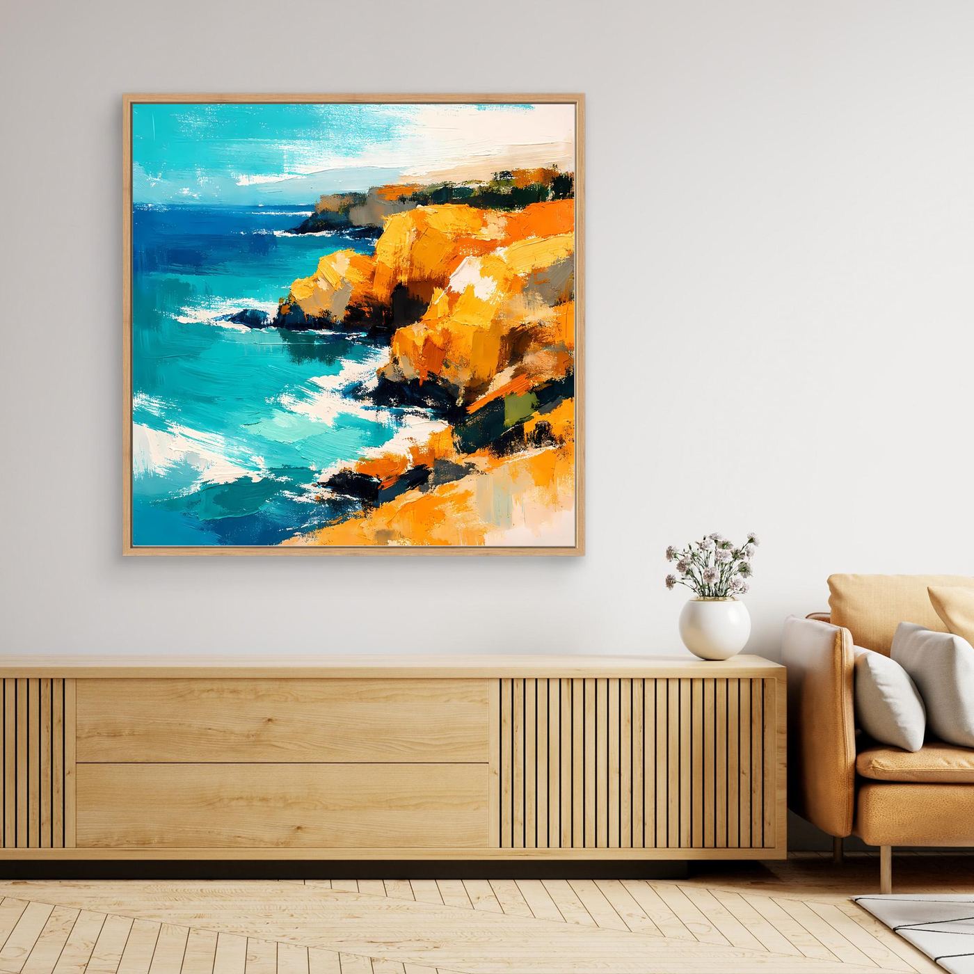 Leinwand Abstraktes Steilküsten Gemälde | Modernes Mediterranes Meeres Wandbild Blau Gelb