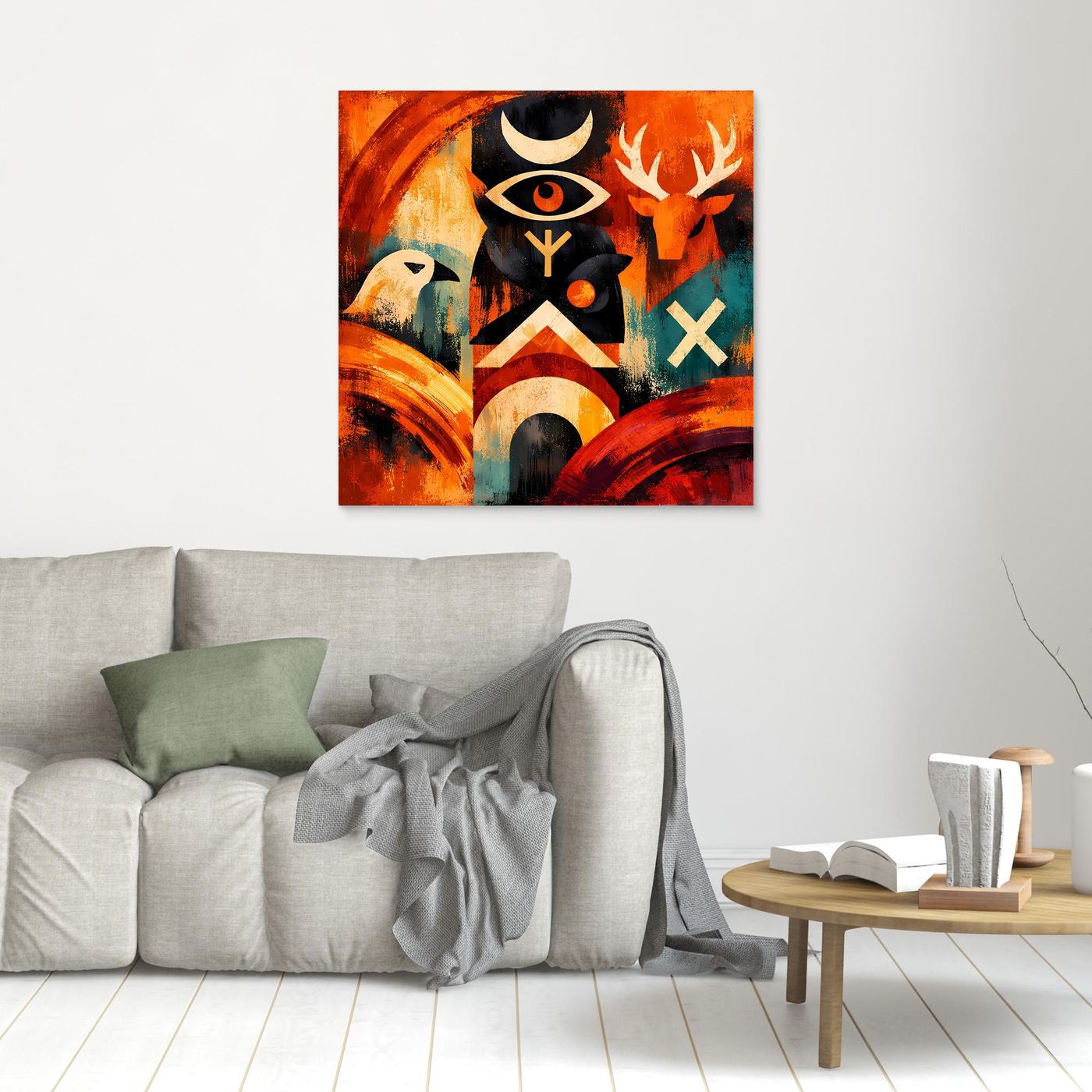 Quadratisches Leinwandbild mit Totem-Symbolen und Runen, weiß gerahmt